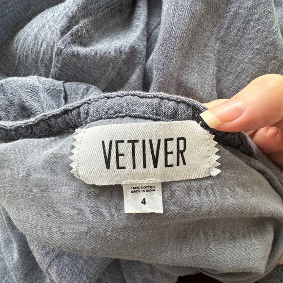 Vetiver Blue Gray Denim Round Braided Neckline & Strap Ruffle Dress 4 - Picture 8 of 12